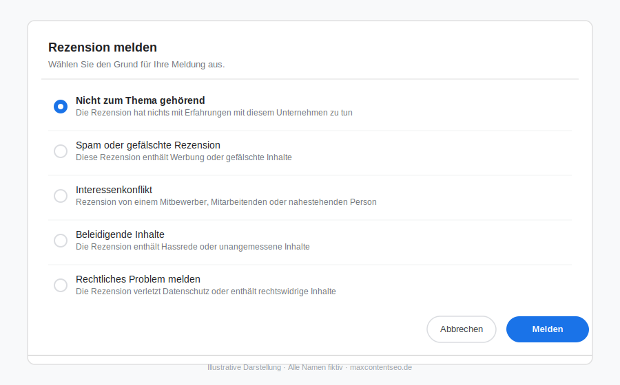 Google Meldeformular – Auswahl des Meldegrunds für eine Rezension